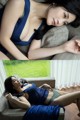 A woman in a blue dress laying on a couch.