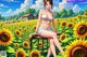 A woman in a bikini sitting on a chair in a sunflower field.