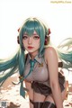 A girl with long green hair wearing headphones.
